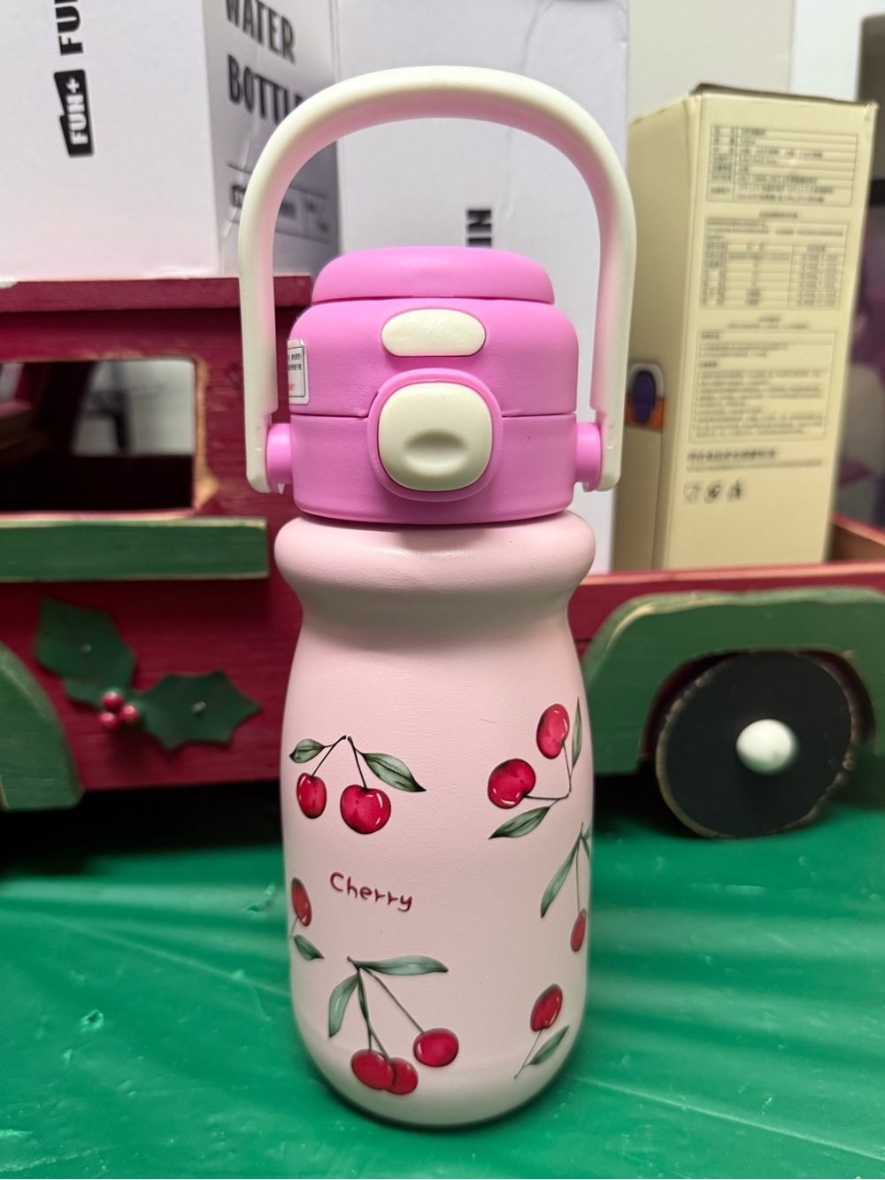 Kids Cherry Print Pink Water Bottle with Handle